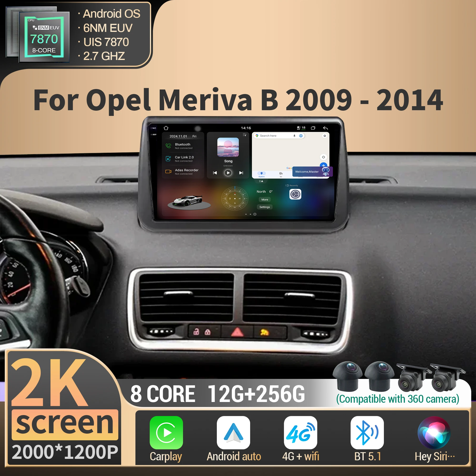 

Car Android For Opel Meriva B 2009-2014 5G Radio Stereo Multimedia GPS Navigation 4G CPU 7870 Wireless Carplay 2K QLED Screen