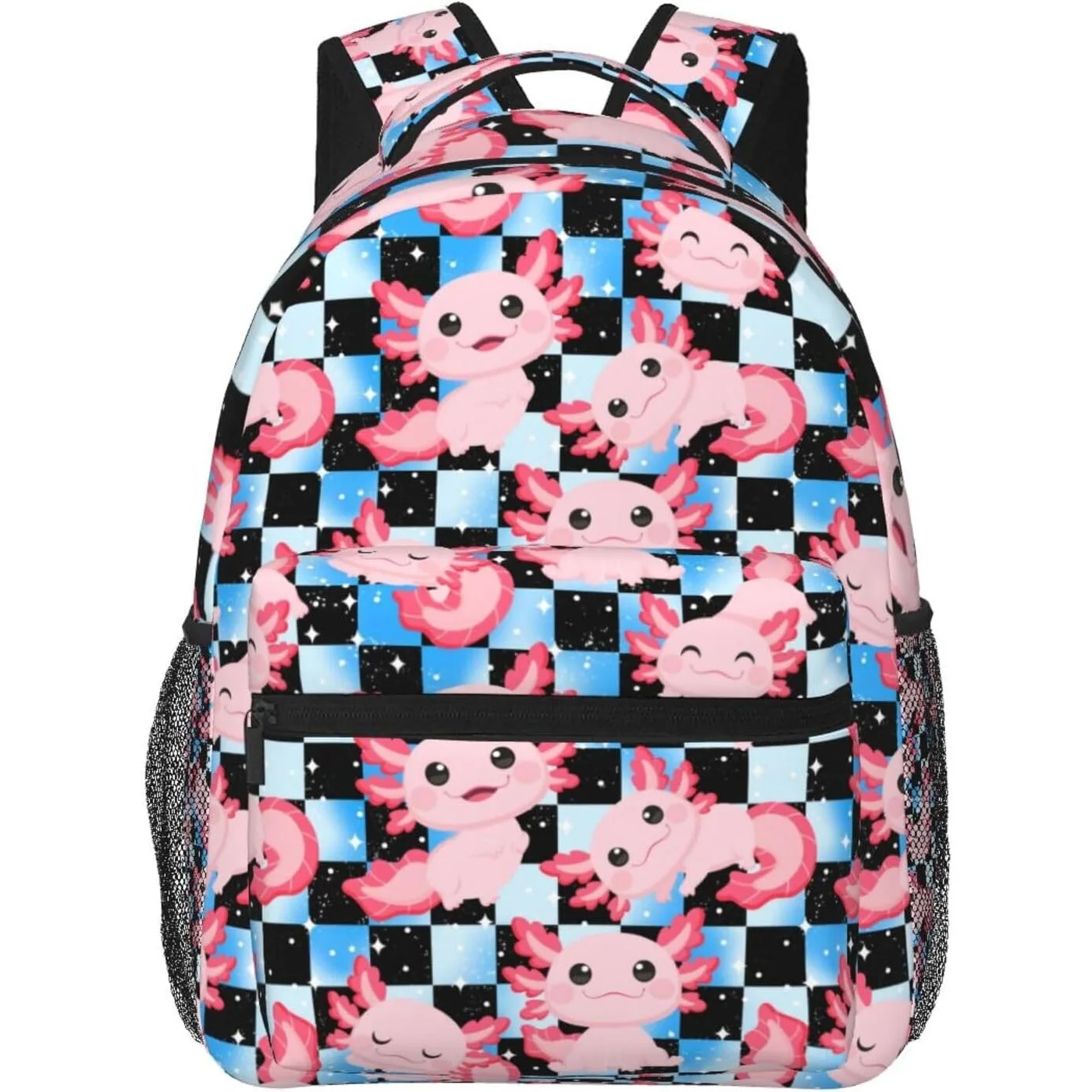 

Blue And Black Plaid Cute Axolotl Kids Backpack for Girls School Backpack Laptop Backpack Travel Hiking Camping School Gifts