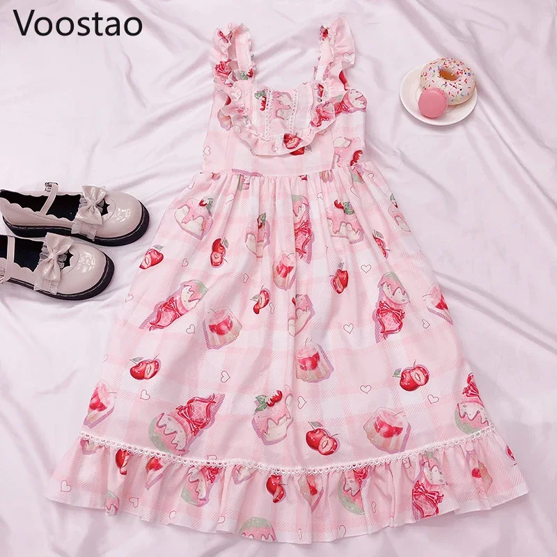 Japanese Style Sweet Lolita Jsk Dress Girls Harajuku Cute Pink Cherry Print Party Sling Dress Kawaii Ruffles Sleeveless Dresses