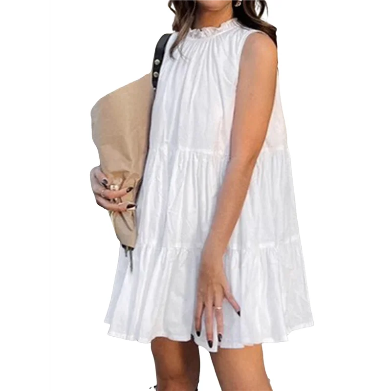 【D75C】Vestidos femininos de verão sem mangas uma linha em camadas balanço mini casual boho praia férias vestido de verão