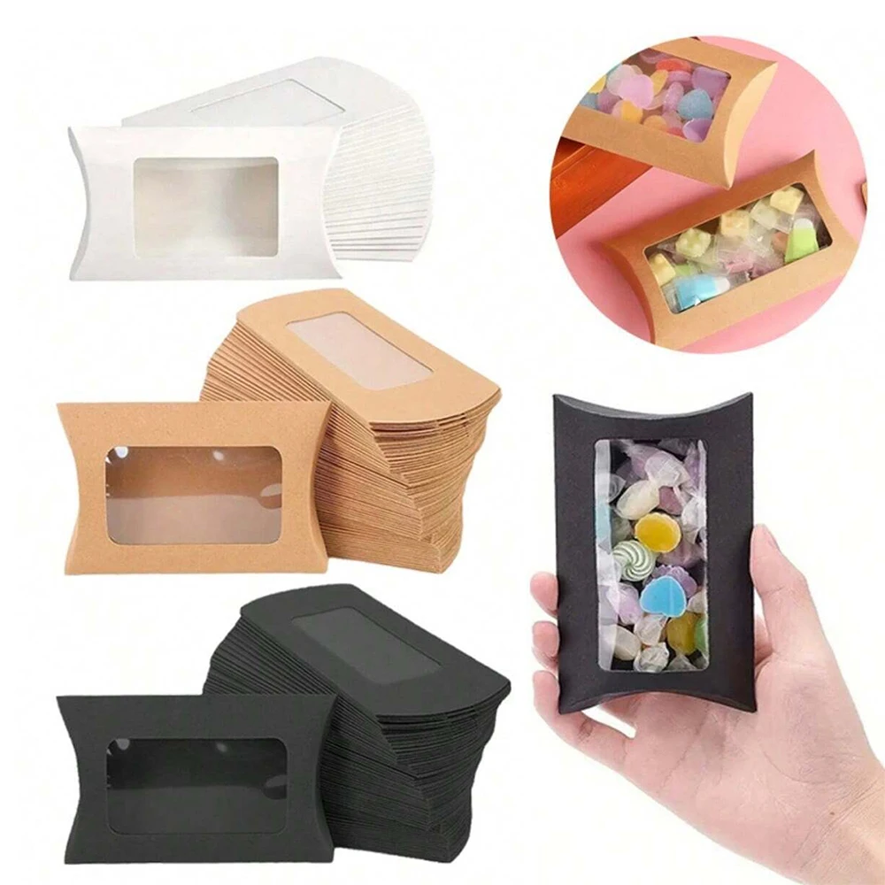 50 Uds. Caja de almohada de papel Kraft con ventana transparente, recuerdos de fiesta, Mini caja de embalaje de almohada para dulces, Chocolate, regalo, joyería, boda