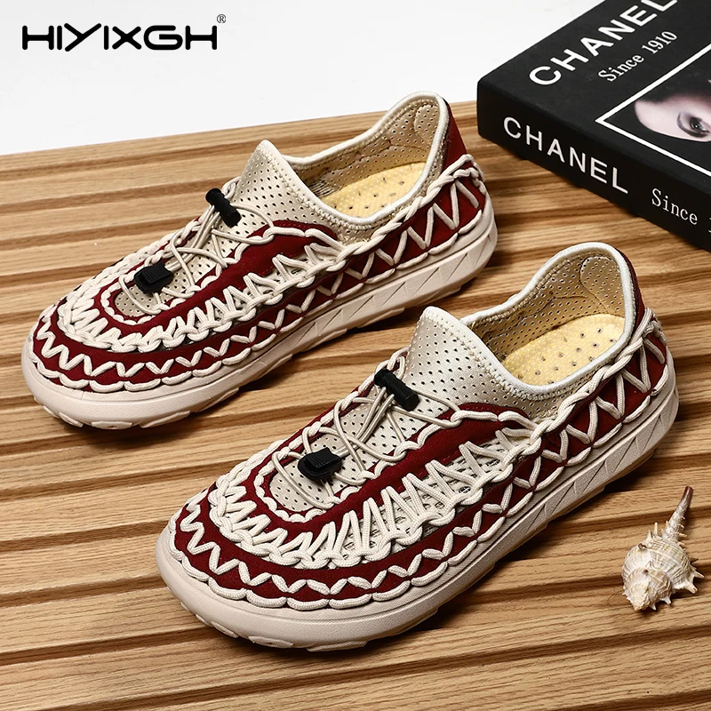New Summer Men Woven Sandals Plus Size Breathable Casual Beach Shoes 2026 Woven Mesh Slip On Fashion Outdoor Closed Toe Sandals