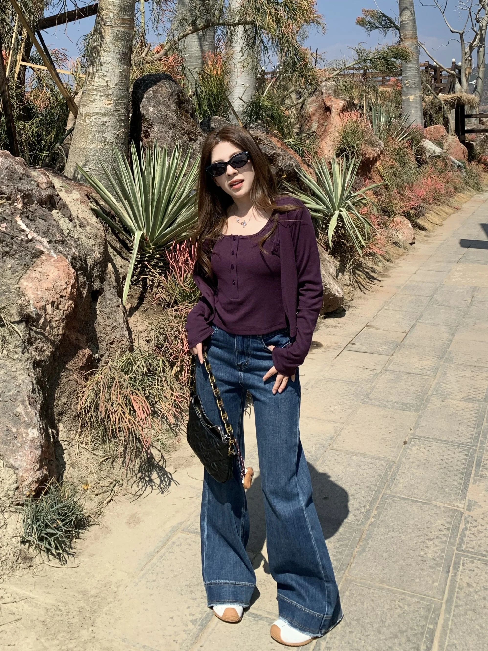 

Large Eye Purple Open Cardigan Two-Piece Set Simple Casual Ultra-Korean Small Size Top Cotton Blend Long Sleeve Regular Length