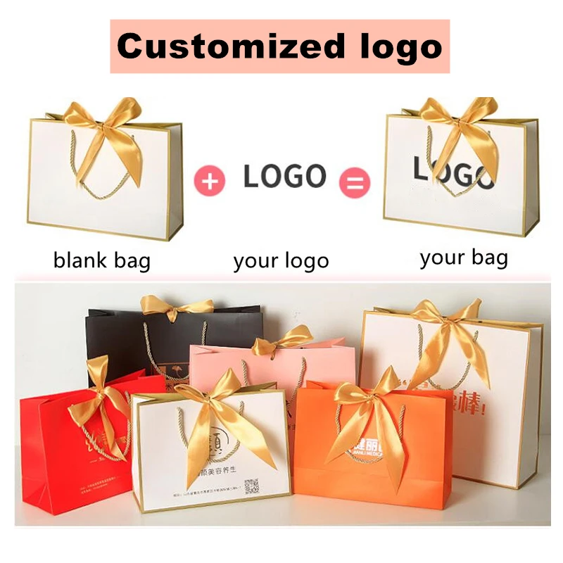 100x Custom Logo Paper Gift Box Gold Ribbon Paper Gift Bags With Handle Customized Business Bag Present Box For Pajamas Clothes