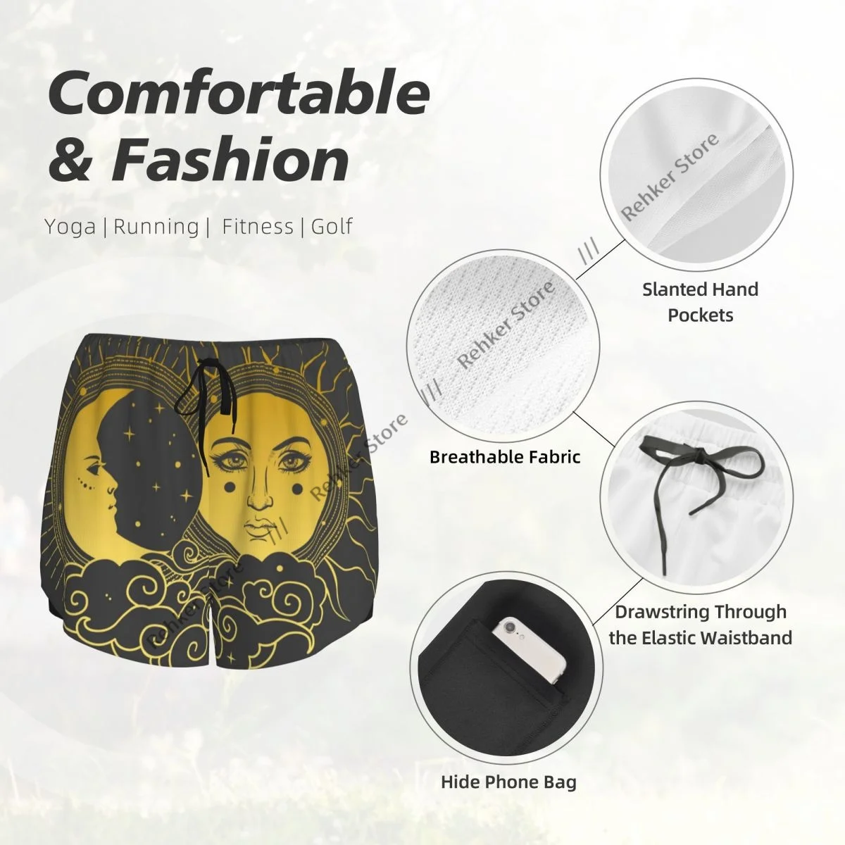レディース アスレチック ショーツ ムーン サン ランニング ヨガ フィットネス 速乾性 バドミントン トレーニング ポケット付き