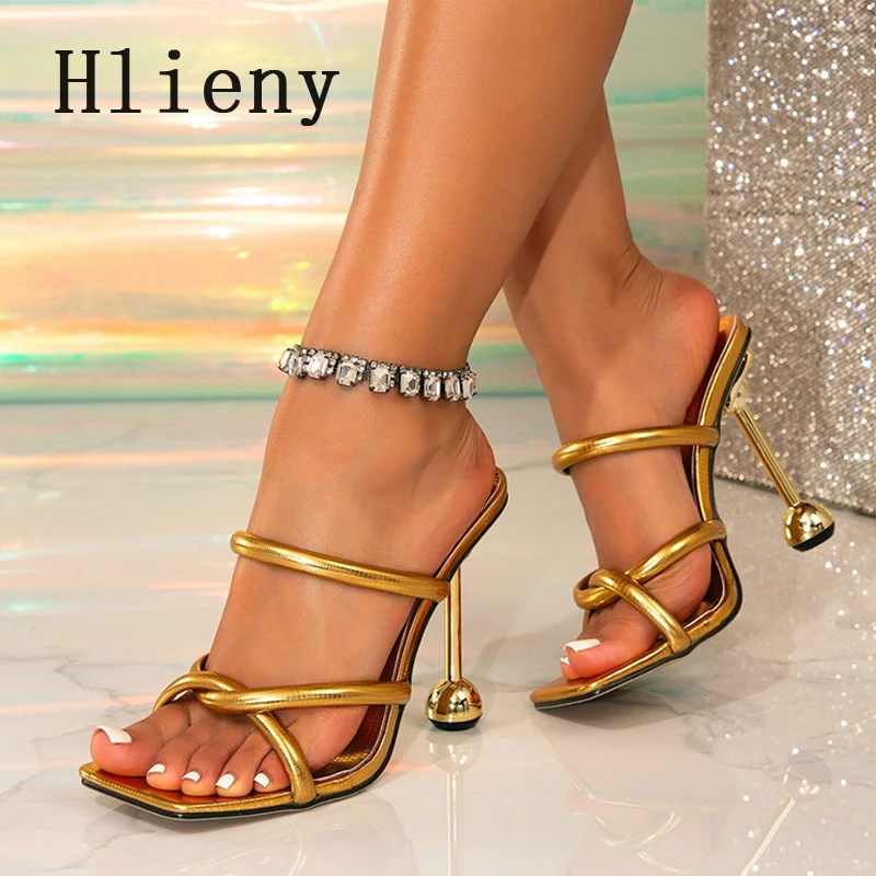 

Hlieny/Новые летние тапочки на высоком каблуке с квадратным носком, женские дизайнерские модельные туфли с узкими ремешками и узкими ремешками, золотистые туфли