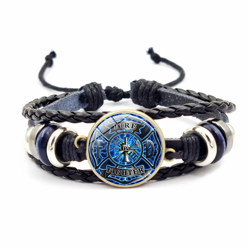 Firefighter Sign Bracelet Firemen Fire Dept Flame Vintage Pattern Glass Button Woven Adjustable Leather Bangle Bracelets for Men