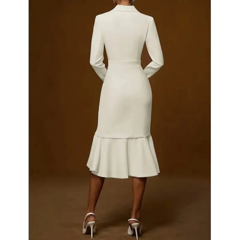 Abito da pendolarismo alla moda 2025 Vita alta Slim Tinta unita Casual Volant Abito a coda di pesce Scollo a V Manica lunga Serata di festa per signora