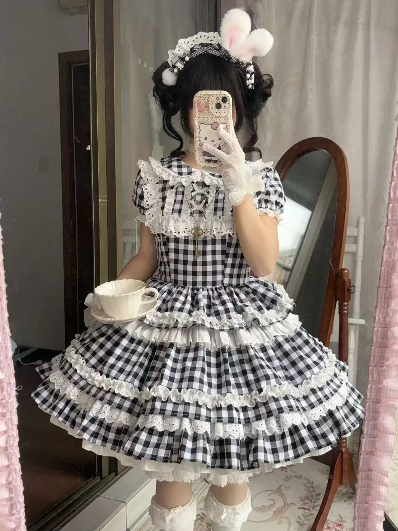 Vestido Original japonés suave para niñas, vestido a cuadros azul Kawaii OP, vestido ajustado de cintura alta para mujer, vestido de cumpleaños de Lolita diario, vestido Loli Lo Cos