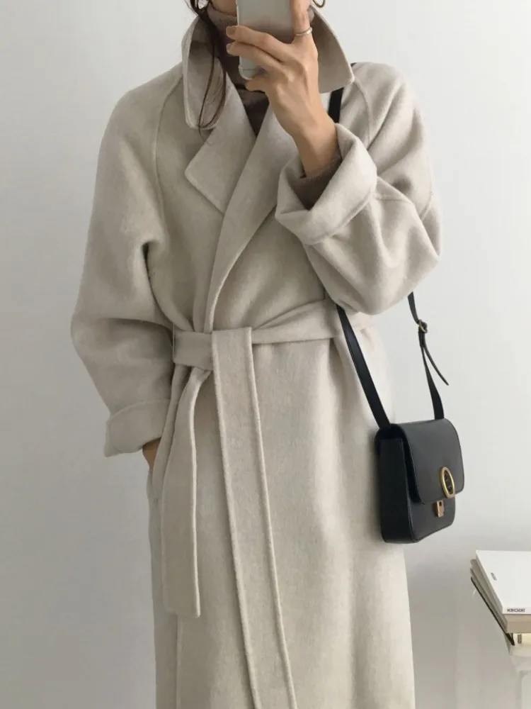 [EWQ] Korean Gentle Temperament Loose Female Apricot Long Woolen Coat Simple Women Winter Thick Overcoat 2024 Autumn New 16O1884