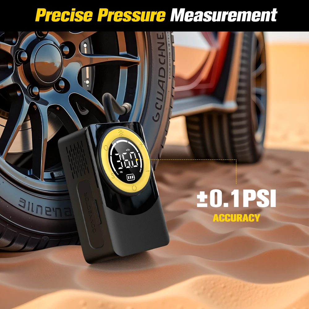 Carsun Portable Wireless Car Tire Pressure Monitor (150PSI): Light, Air Compressor, Intelligent Start/Stop, Multi-Mode