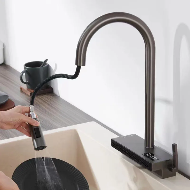 LED Digital Faucet Kitchen Pull Out Down Hot Cold Mixer Tap Deck Mount Flying Rain Waterfall Universal Brass Rotation Faucets