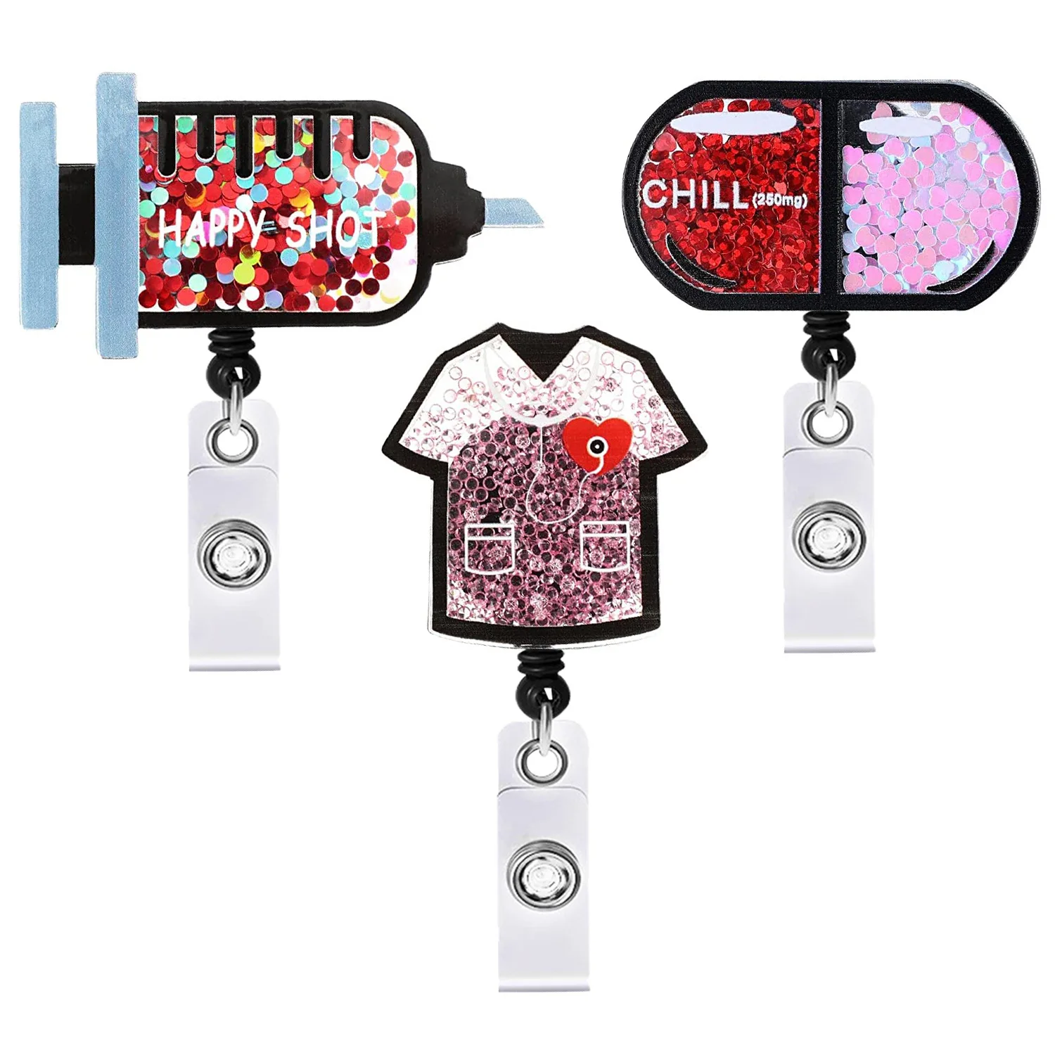 Acrylic Skeleton Quicksand Badge Holder Cartoon Syringe Pills Clothing Retractable Rotating Badge Reel for Doctor Nurse