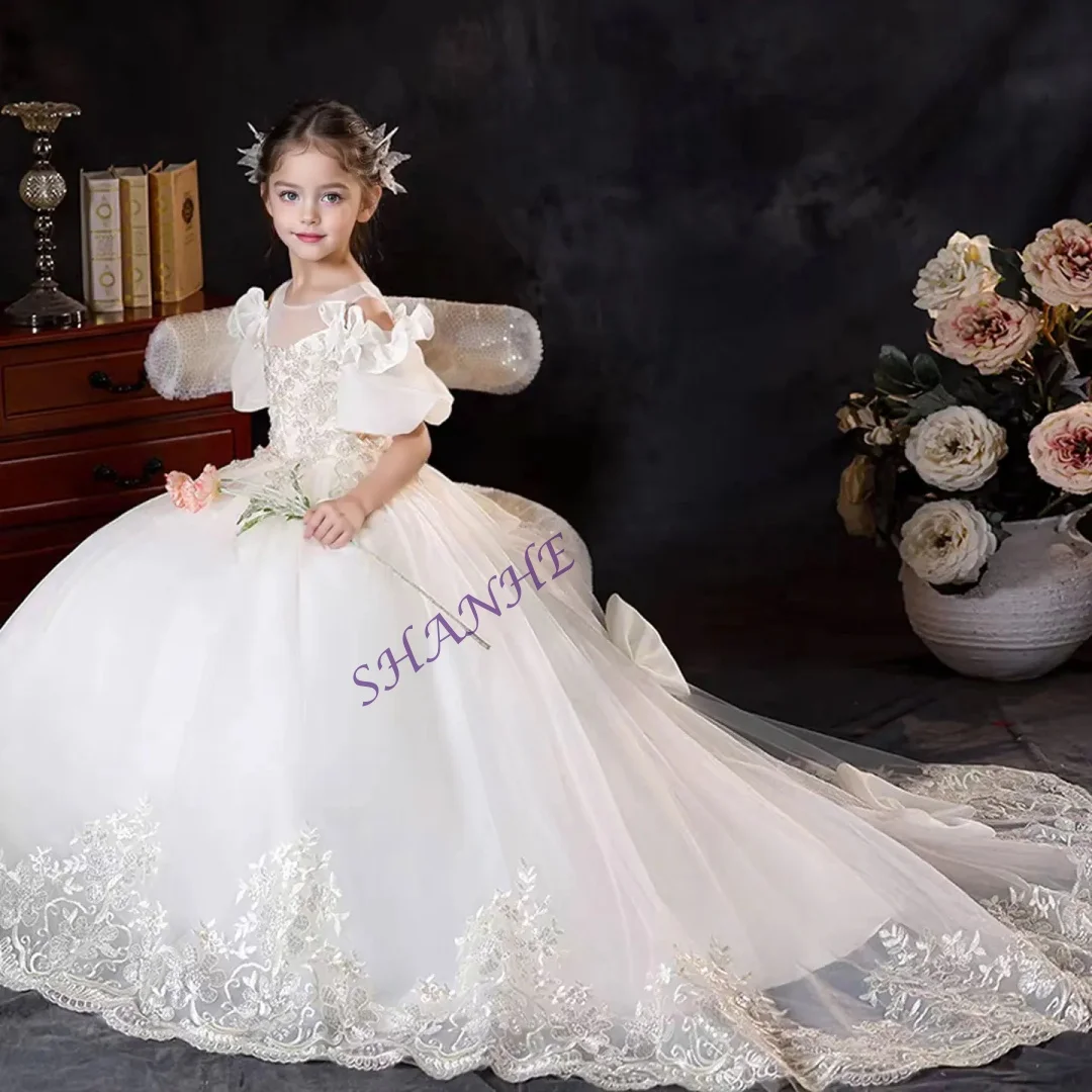 Customized Luxury White Appliques Lace Girl Dress with Bow Princess Kids Long Wedding Birthday Pageant Party Evening Gown