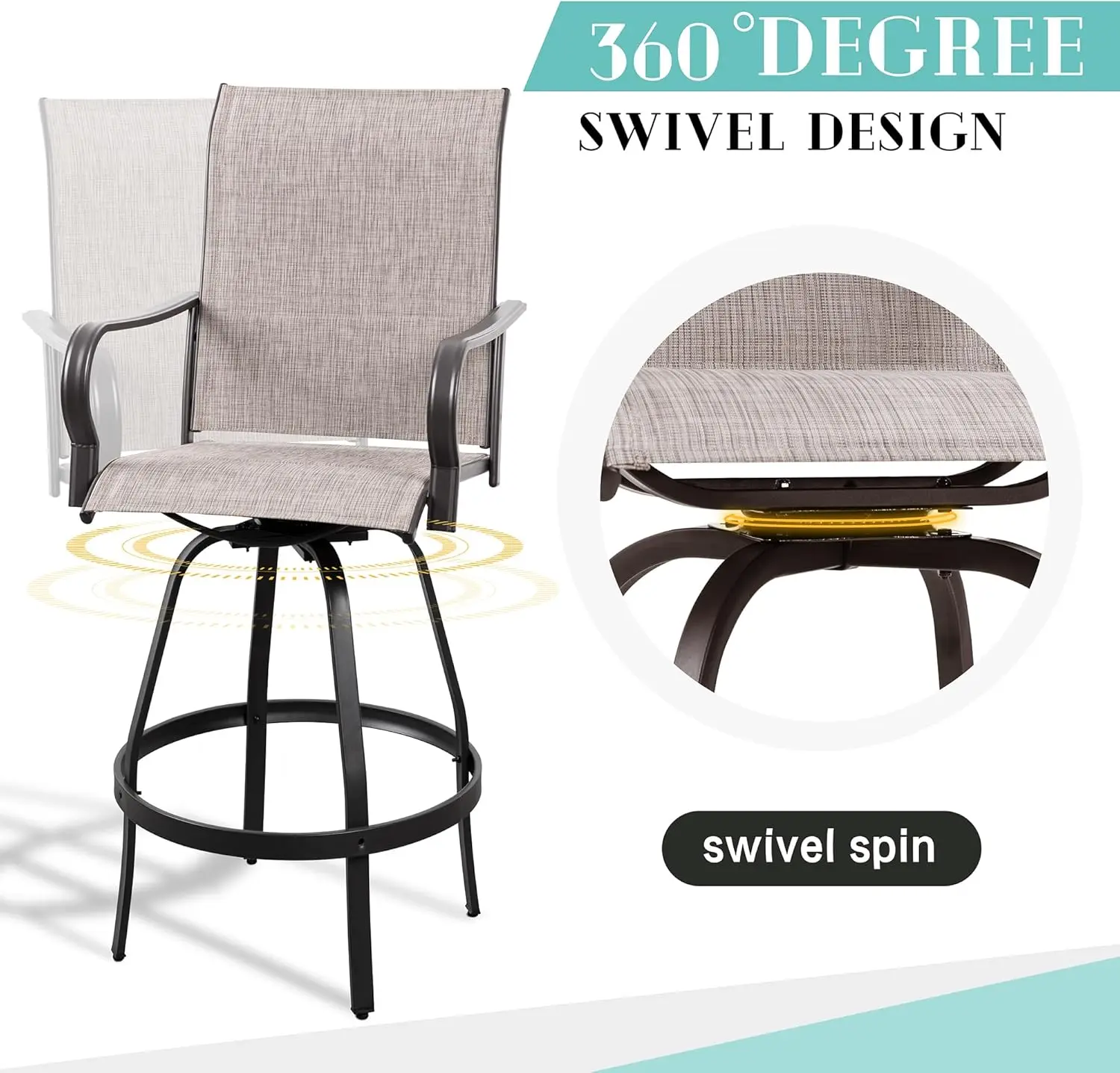 2-Piece Outdoor Swivel Bar Stools, All-Weather Metal & Textile, High Top Bistro Set for Backyard, Lawn, Balcony - Taupe
