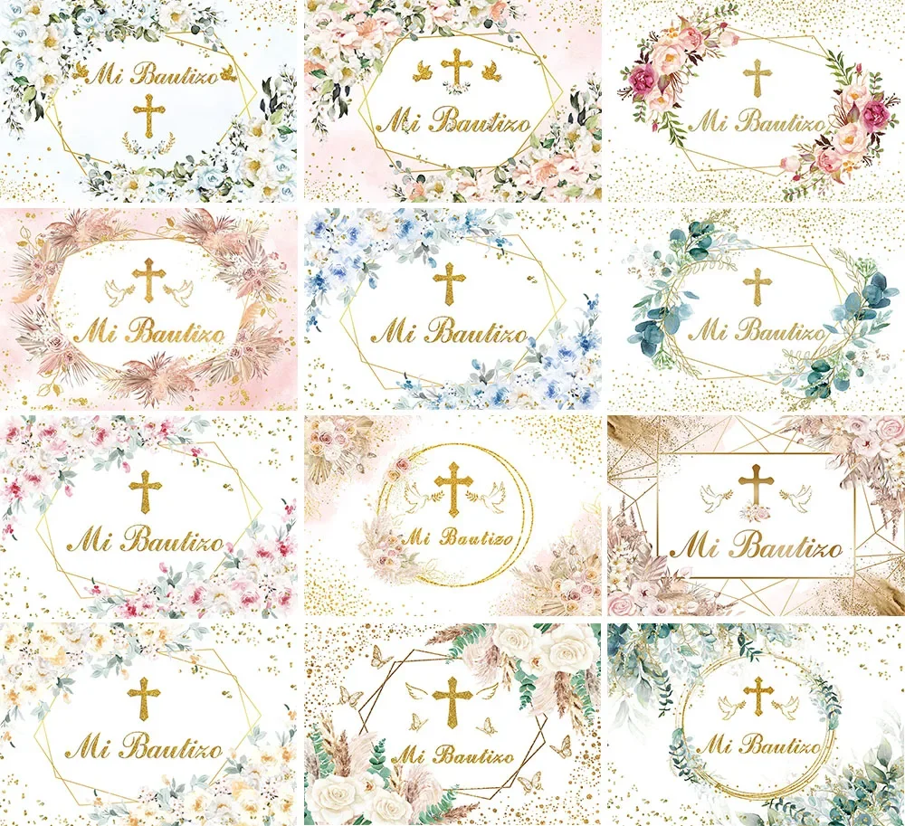 Mehofond Fondo de Fotografía para Mi Bautizo, Decoración Floral Rosa Boho con Hierba de Pampas, para Bautizo, Baby Shower, Fiesta, Telón de Fondo para Estudio Fotográfico