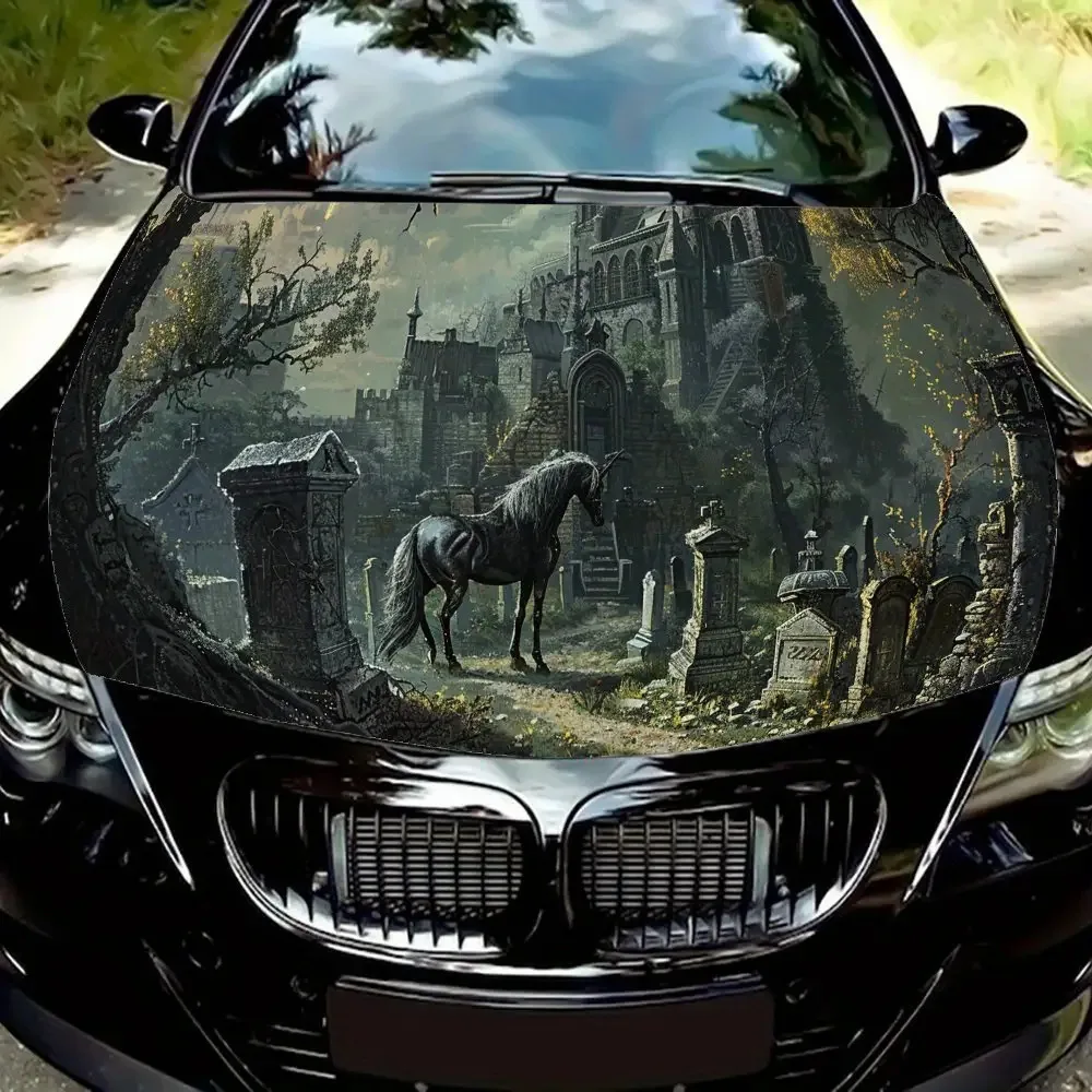 

Exotic cemetery and dark horse back cover vinyl sticker, car engine decal, waterproof self-adhesive vehicle packaging cover