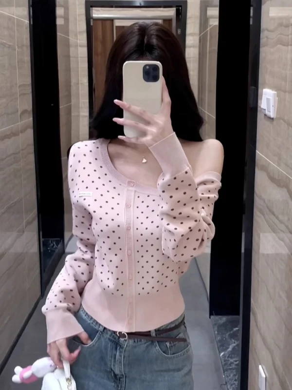 

plus Size Women's Pink Polka Dot Asymmetrical oulder Knitted Open Cardigan Early Autumn Slimming Base irt Top