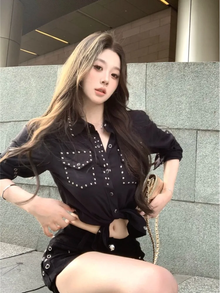 

Stylish Casual Black Eye Rivet Women's Shirt Sweet Style Short Sleeve Half Open Collar Color Korean Version Outerwear