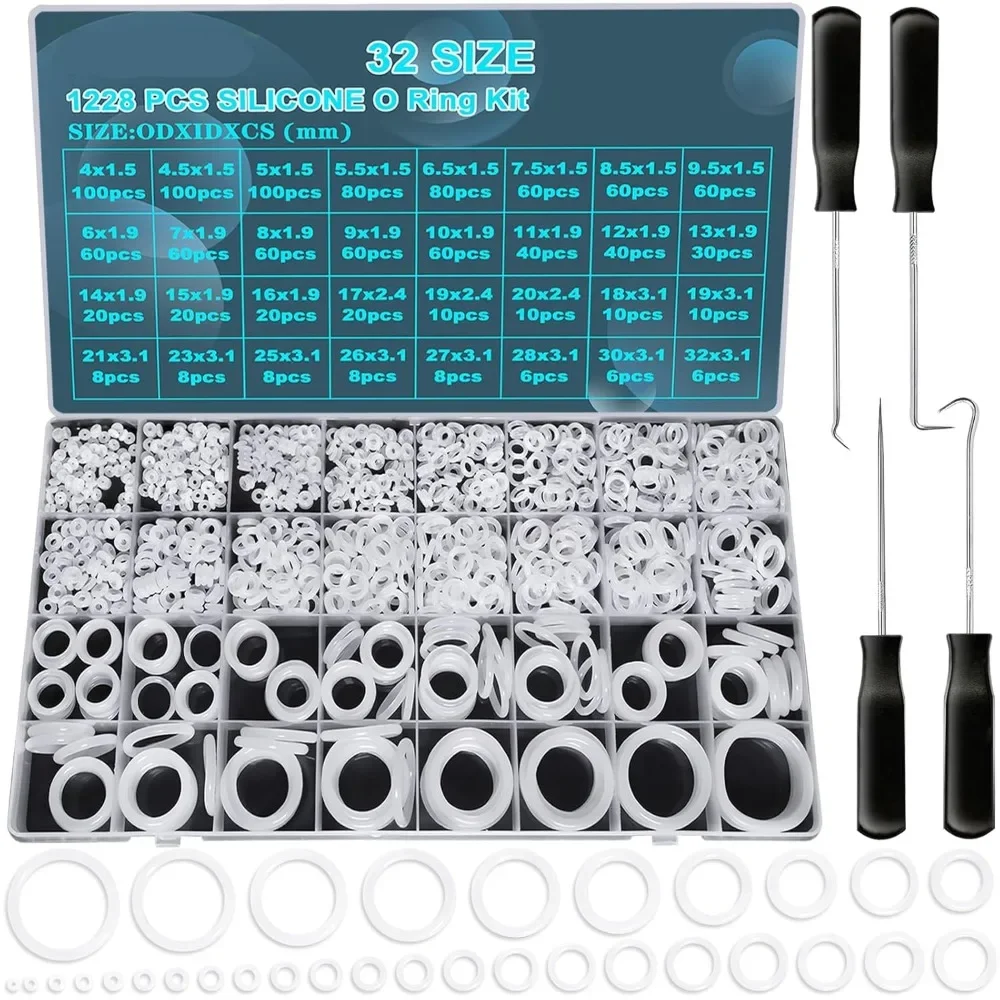 1228Pcs Seal O Ring Gasket Clear Food Grade Silicone O Rings Washer Assortment Kit with Pick and Hook White Heat Resistance VMQ