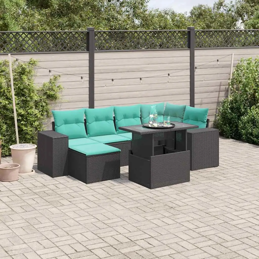 

Comfortable 7 Piece Outdoor Sofa Set with Cushions Stylish Black Poly Rattan furniture for Patio Garden and Balcony