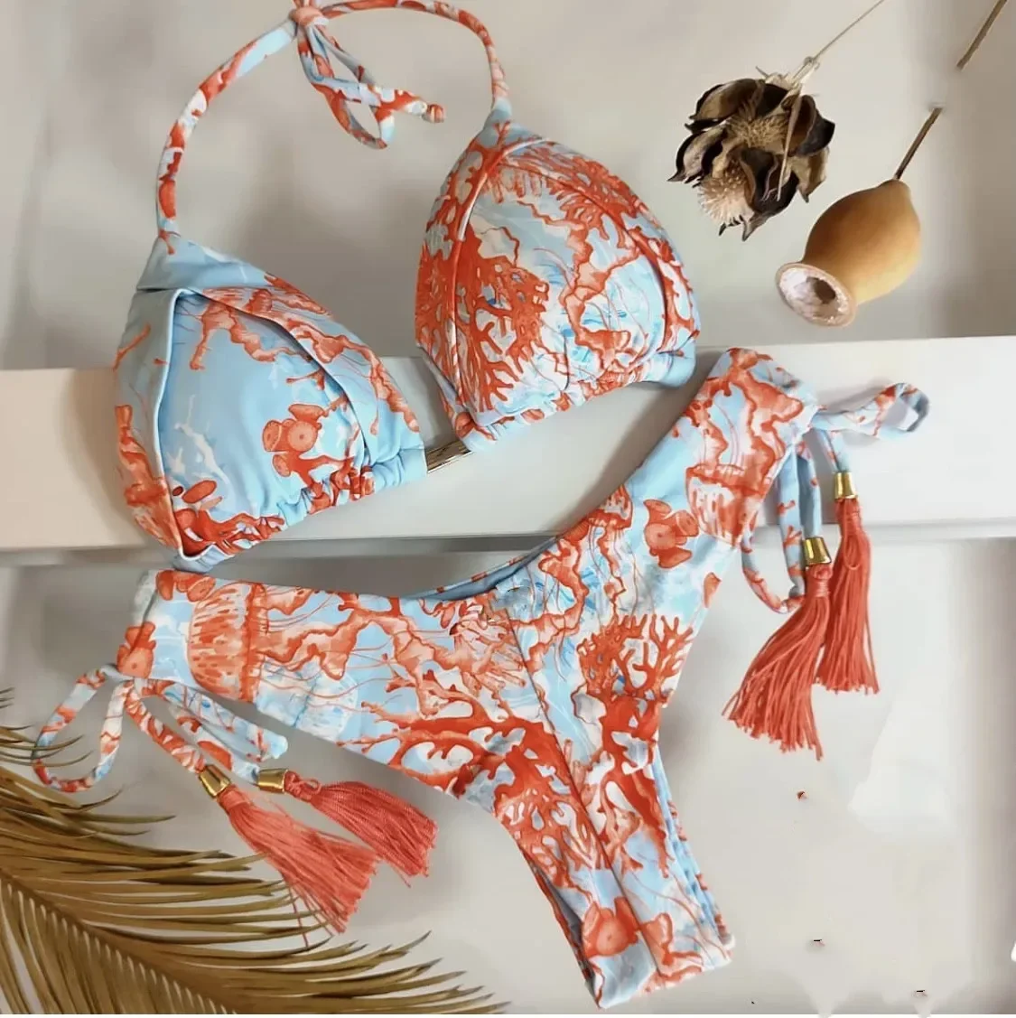 

New Swimwear Women's Bikini Print Tassel Strap Swimwear Women Crochet