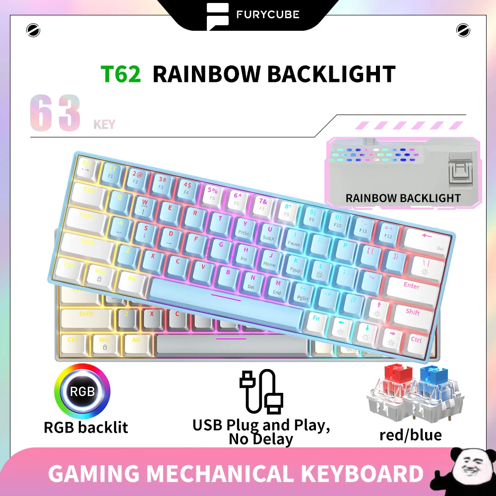 

63 Keys T62 60% key Mechanical Keyboard gamer Rainbow RGB Effect Hot Swappable Gaming Keyboards Blue Red Switch 25-Key Rollover