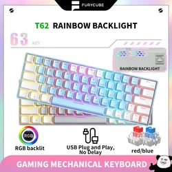 63 Keys T62 60% key Mechanical Keyboard gamer Rainbow RGB Effect Hot Swappable Gaming Keyboards Blue Red Switch 25-Key Rollover