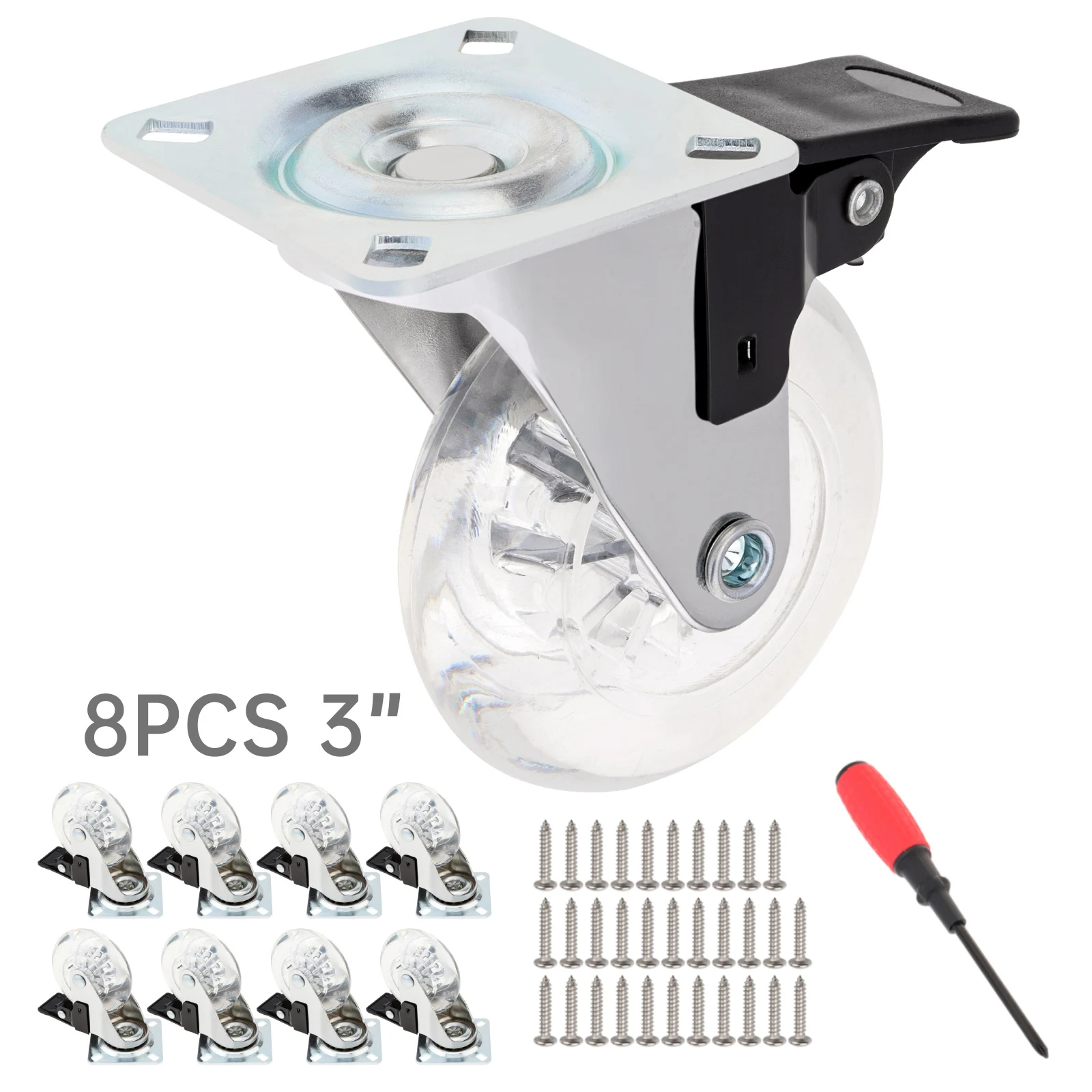 

8pcs 3 Inch Caster Wheels PU Crystal Universal Brake Wheels for Carts / Dressers / Cabinet with Screws, Screwdriver Tool