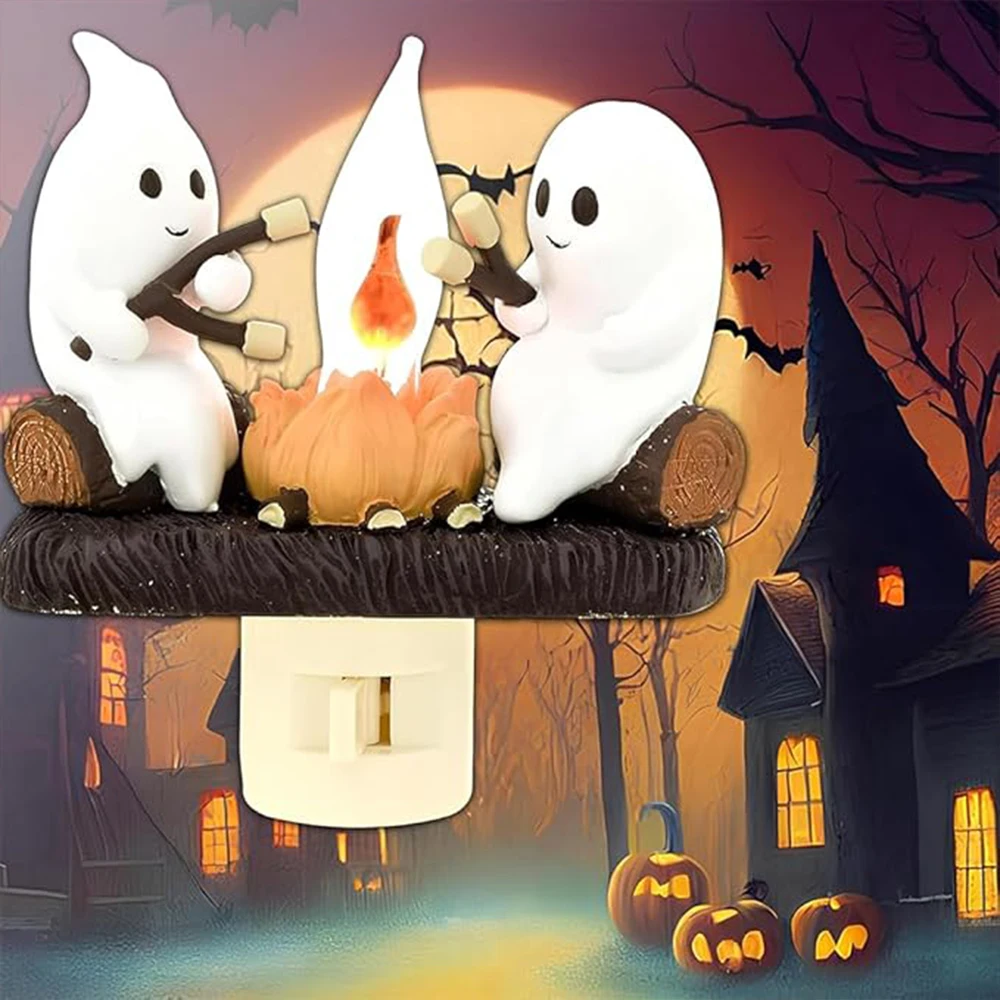 Ghost Campfire Flickering Nightlight Plug in Night Light Halloween Ghost Pumpkin Night Light Halloween Decoration for Boys Girls