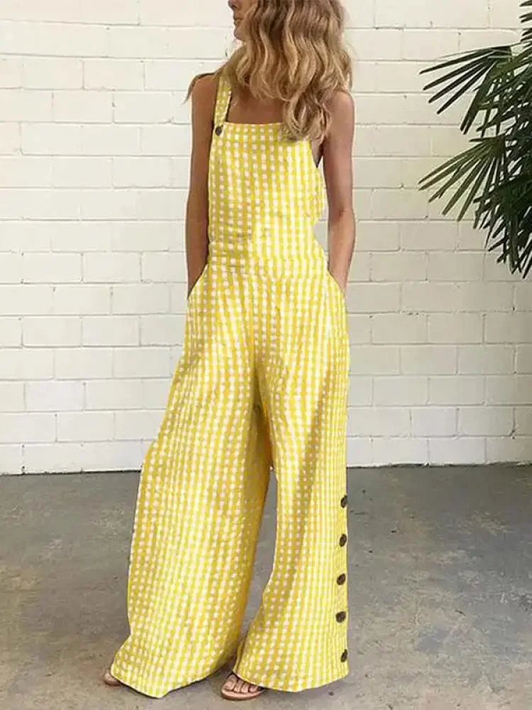 

Bonboho 2024 Summer Fashion Plaid Jumpsuit for Women Camisole Overall Wide Leg Side Buttoned Loose Fit One-piece Pants Suit