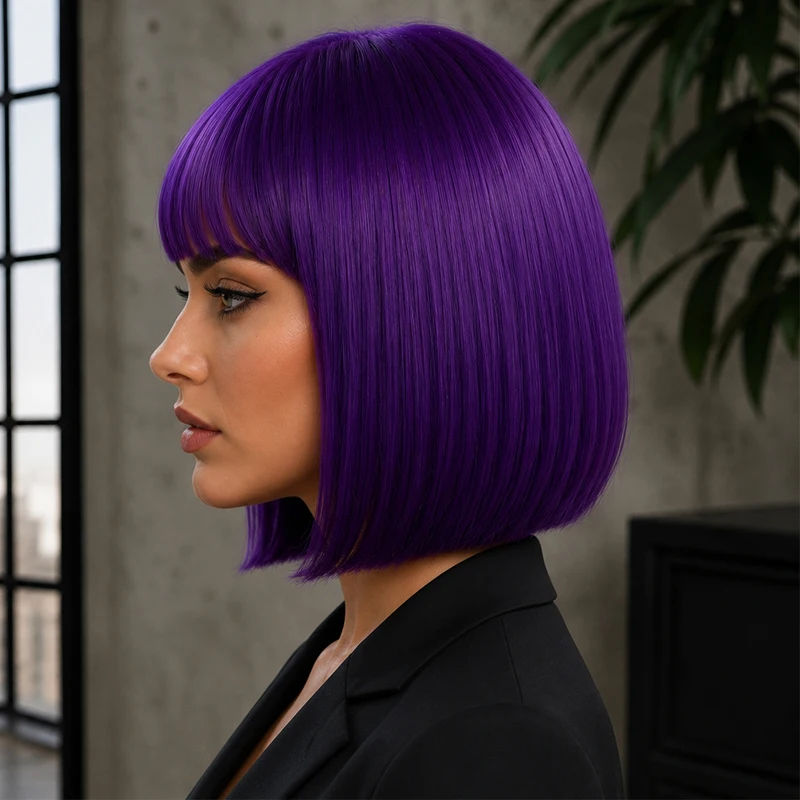 12-inch deep purple synthetic wig with bangs, suitable for everyday wear, proms, and parties, and suitable for all women.