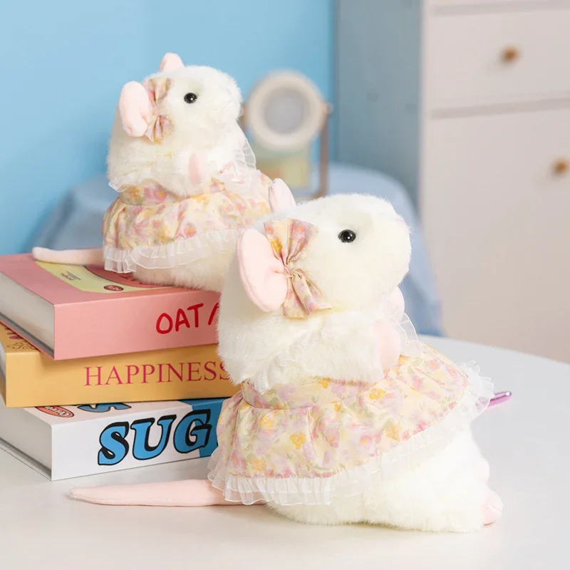 Soft Fluffy White Mouse Plush Toy With Floral Dress Cute Stuffed Animal Fancy Rat Doll Lovely Plushies Birthday Gifts Girl