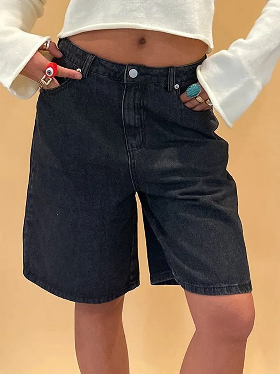 

Y2k Women Knee Length Denim Shorts Solid Color High Waist Loose Baggy Rise Wide Leg Jean Shorts Korean Style 90s Mom Jeans