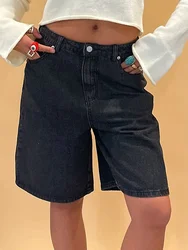 Y2k Women Knee Length Denim Shorts Solid Color High Waist Loose Baggy Rise Wide Leg Jean Shorts Korean Style 90s Mom Jeans