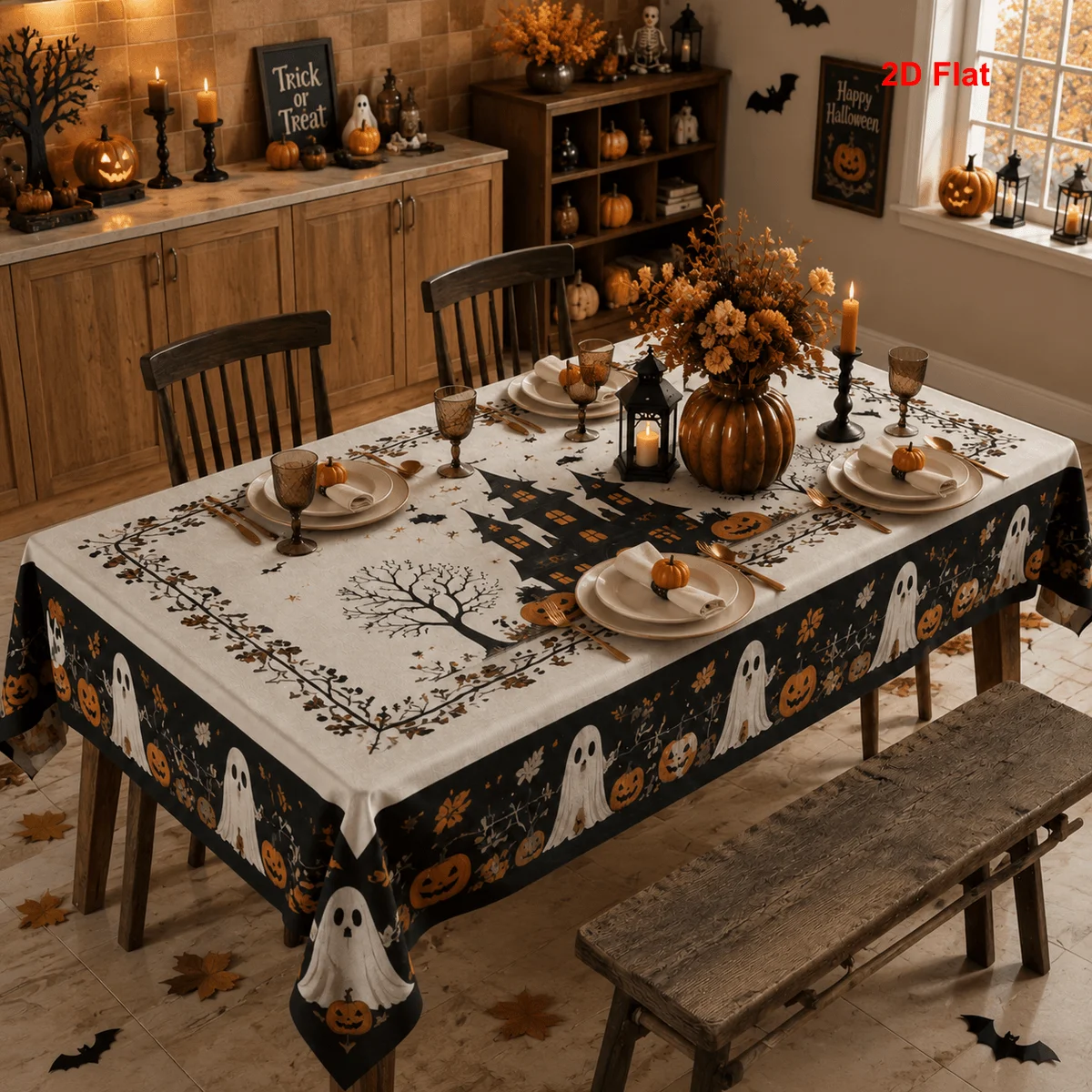 2D flat 1 piece tablecloth polyester haunted house ghost pumpkin print suitable for rectangular table autumn halloween