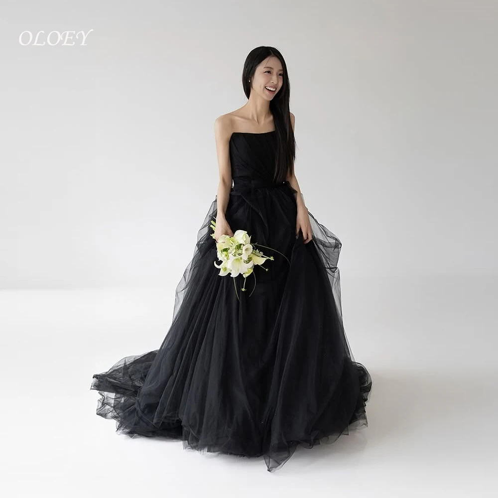 OLOEY Black Tulle Evening Dress A line Strapless Floor Length Korea Wedding Photo Shoot Dress Corset Customized