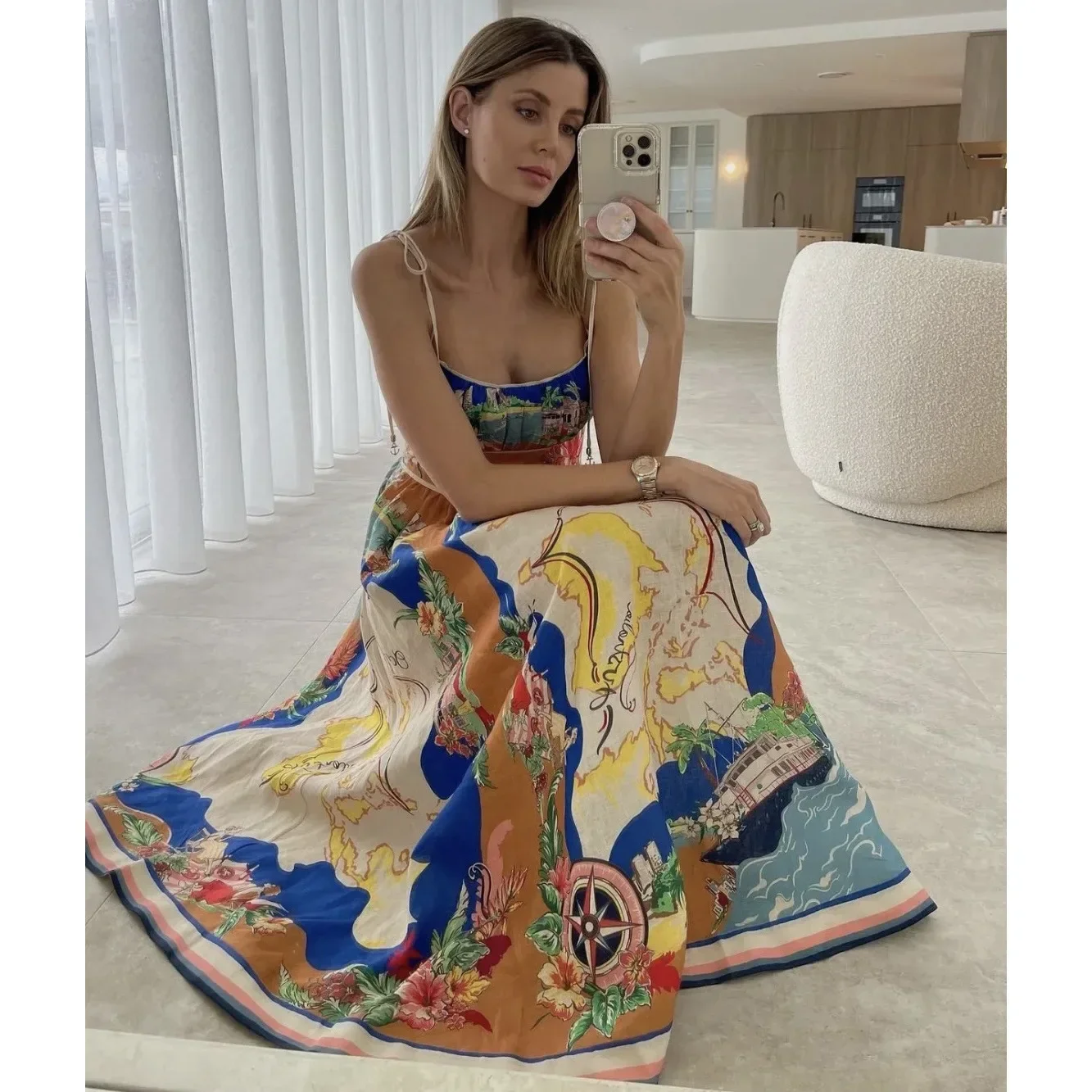 Vestido Midi elegante con tirantes y espalda descubierta para mujer, vestidos largos informales sueltos sin mangas, estampado de vacaciones, línea A, Sexy, nuevo