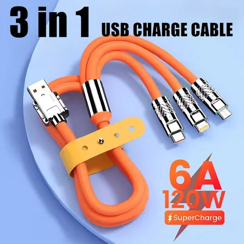 3 in 1 6A 120W Fast Charging USB Cable For iPhone 11 12 13 14  Universal Quick Charge Type C Cable