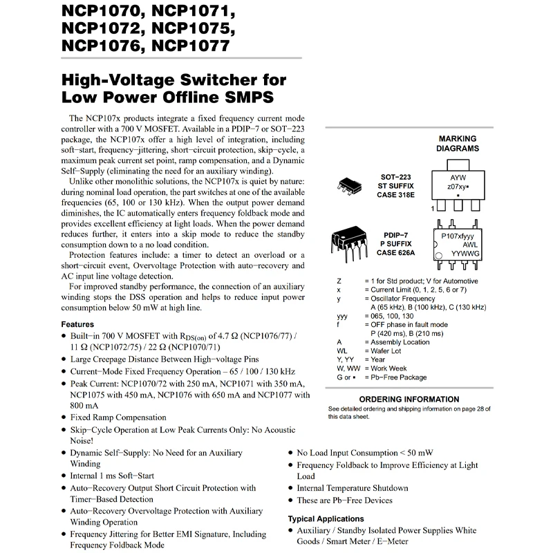 2PCS NCP1075STAT3G 1075A NCP1075STBT3G 1075B NCP1075STCT3G 1075C SOT-223 Isolate AC-DC Controller and Voltage Regulator