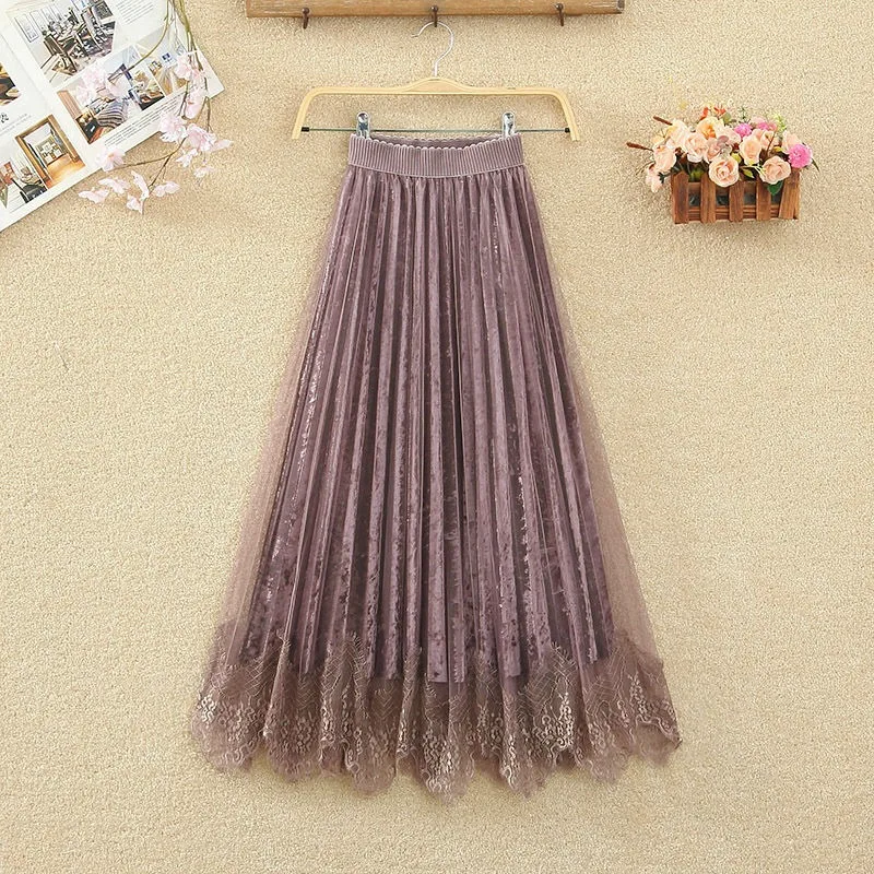 Women  Long Pleated Skirt A-line Dress Mesh Skirt Women Clothing Lace High Waist Elegant Chic Design Autumn Winter Loose New