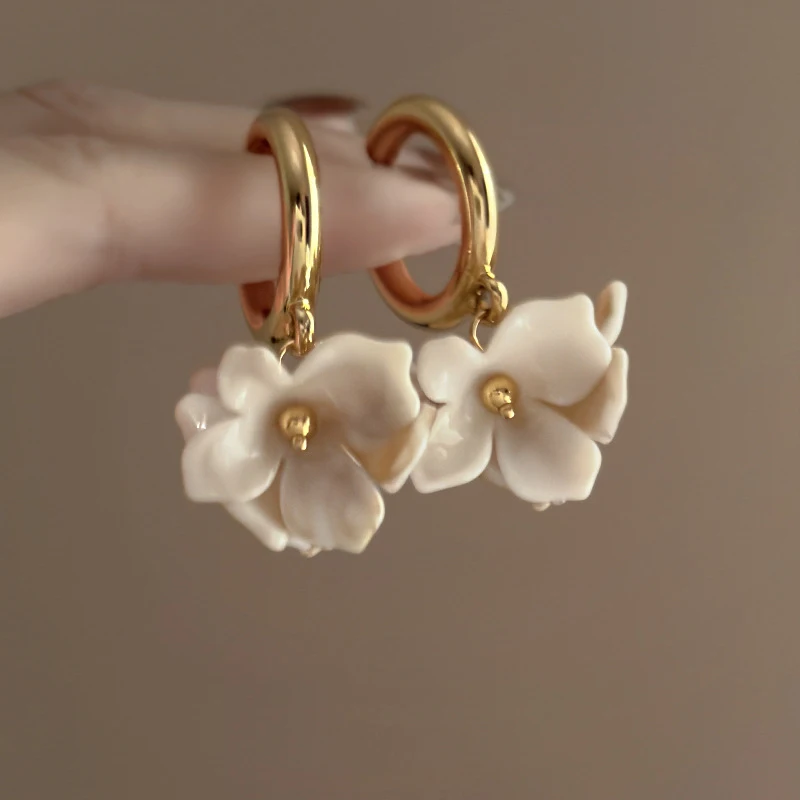 Korean French Vintage Acrylic Dyed Flower Drop C-shaped Earrings Temperament Sweet Jewelry For Women Party Festival Gifts