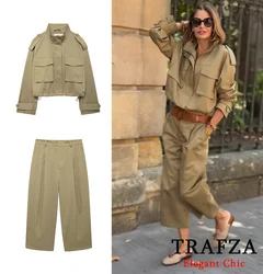 TRAFZA-Women Fashion Jacket Trousers Suit Pocket Zipper Jacket + Pant 2 Pieces Set New 2024 Autumn Street Outing Pant Set