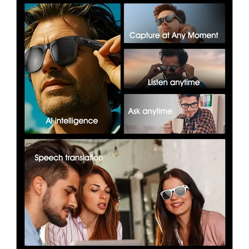 New Trend AI Glasses 1080P Intelligent Speech Translation BT5.3 Call Music Sunglasses Video Shooting Slider Design