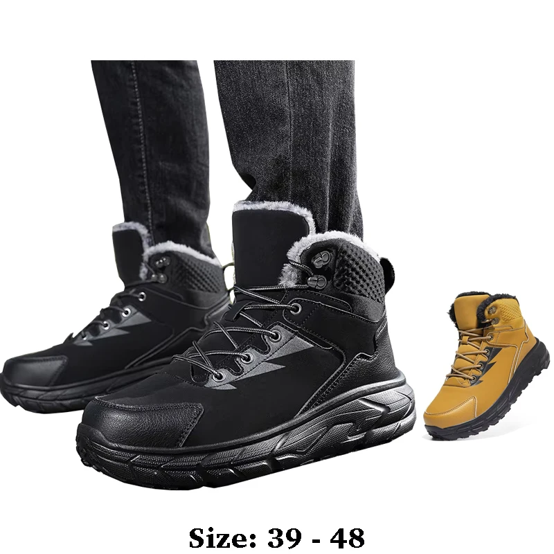 

High quality ankle length leather snow boots for men size 47 48 new 2025 winter outdoor hiking mountain shoe black yellow