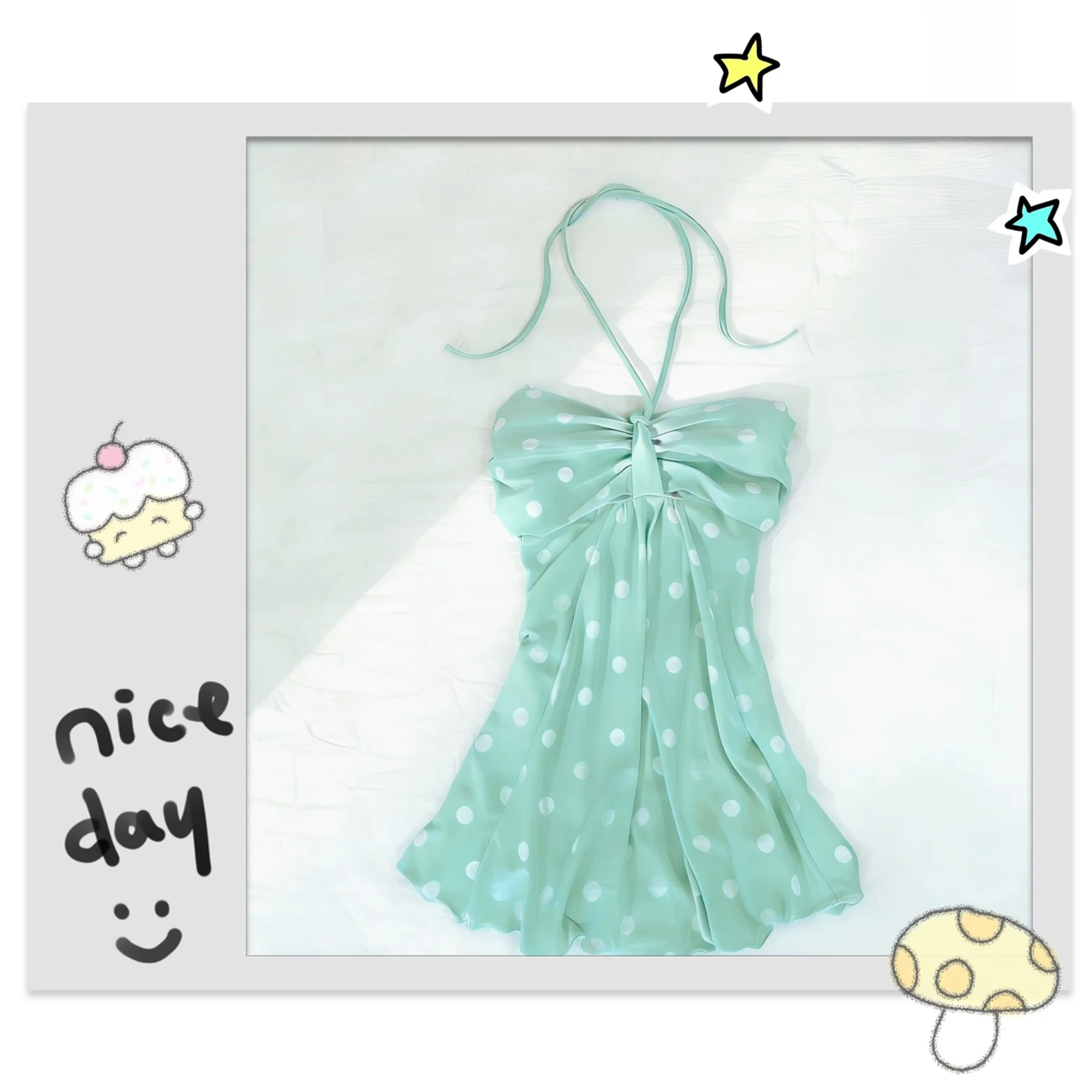 Top Bustier Retro Verde Menta con Estampado de Puntos, Estilo Halter con Cinturón, Vestido sin Tirantes y sin Espalda, Estilo Dulce y Picante de Principios de los 2000s para Vacaciones