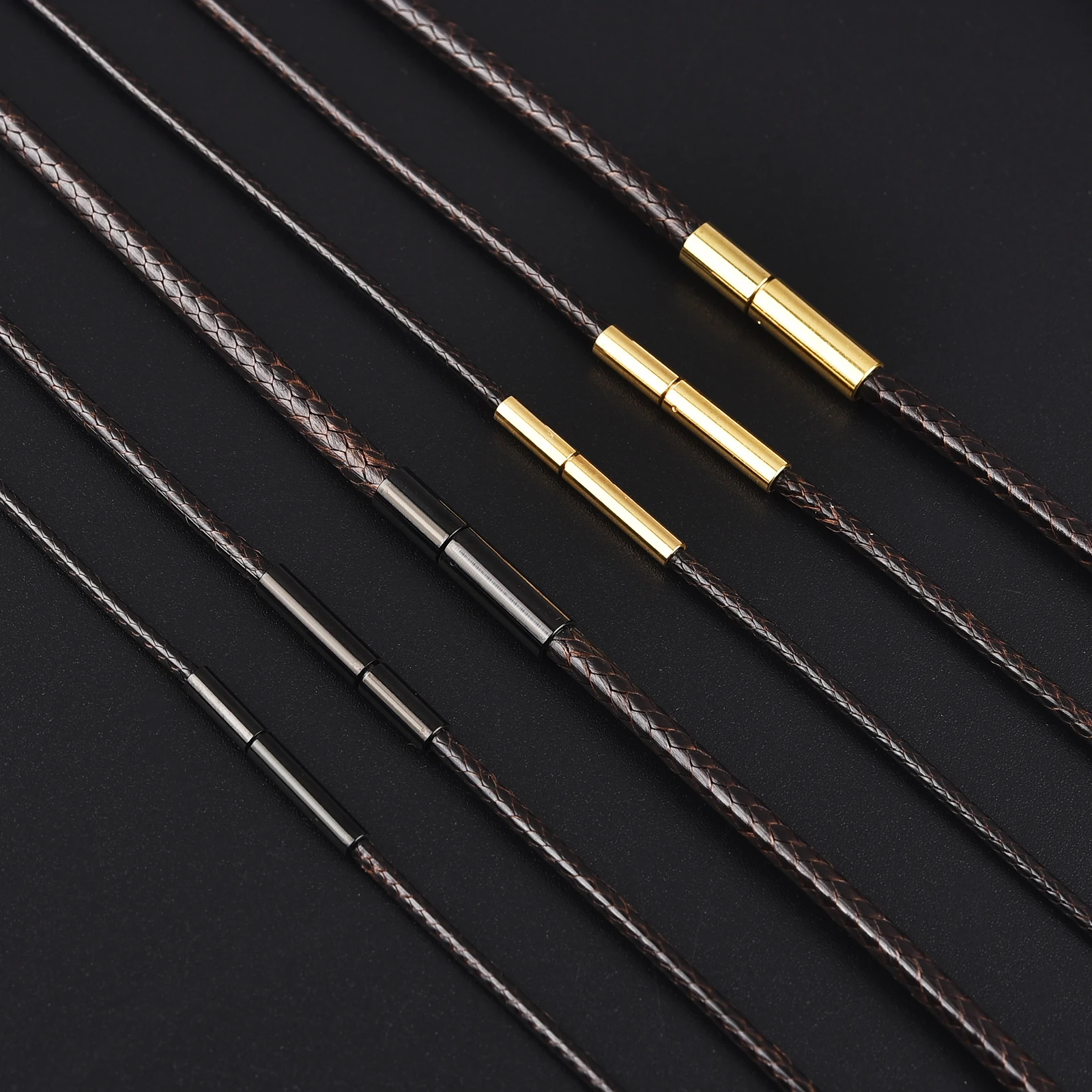 45/50/60cm 1.5-6mm Leather Necklace Cord Waxed Rope Leather Cord Stainless Steel Clasp Connector Chain Men Women DIY Jewelry