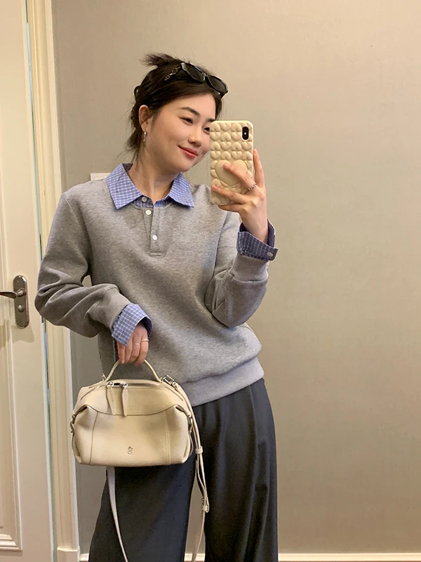 

Новая весенняя повседневная толстовка-худи серии i с воротником-стойкой, имитация двухслойности, дышащая, с длинными рукавами, для женщин