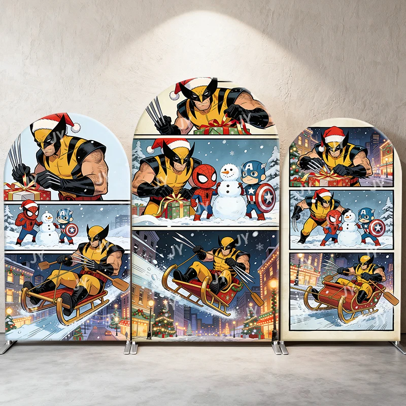 

Wolverine & Superheroes Christmas Arch Backdrop Cover Comic Festive Scene For Kids Birthday Baby Shower Photo Booth Background