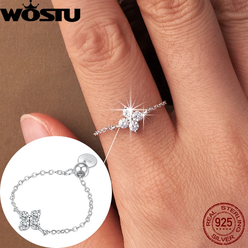 

WOSTU 925 Sterling Silver Four Leaf Clover Lucky Chain Zircon Rings White Gold Original Elegan for Women Party Fine Jewelry Gift